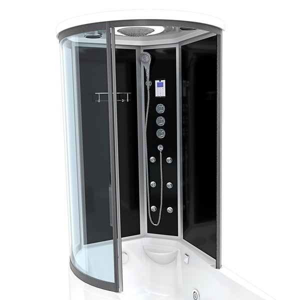 Duschkabine mit integrierter Badewanne, Massagedüsen, Handbrause, Regendusche und digitalem Bedienfeld.