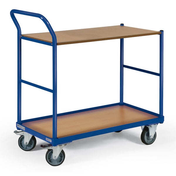 Etagenwagen mit zwei Holzablagen und blauem Stahlrahmen