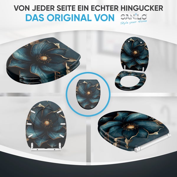 Verschiedene Ansichten eines WC-Sitzes mit Blumendesign von Sanilo