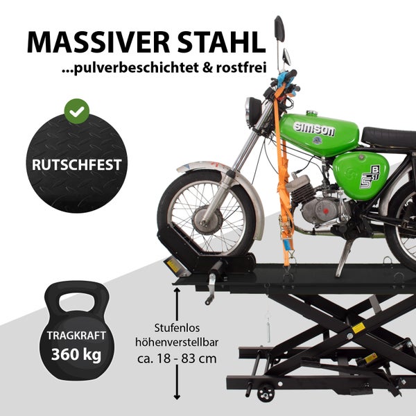 Motorrad auf Motorradheber aus massivem, pulverbeschichtetem und rostfreiem Stahl mit rutschfester Oberfläche und einer Tragkraft von 360 Kilogramm, stufenlos höhenverstellbar von circa 18 bis 83 Zentimeter