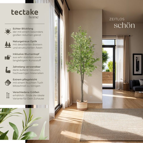 Dekorativer künstlicher Olivenbaum von Tectake in hellem Wohnzimmer