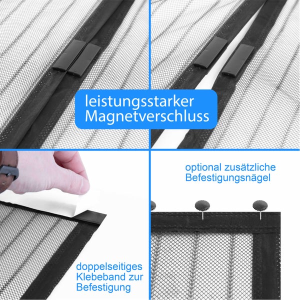 Insektenschutzvorhang für Türen mit Magnetverschluss, doppelseitigem Klebeband und optionalen Befestigungsnägeln.