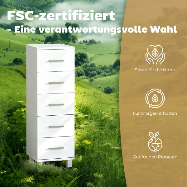 Weiße Kommode mit fünf Schubladen und Metallgriffen, FSC-zertifiziert für nachhaltige Forstwirtschaft und Umweltschutz.
