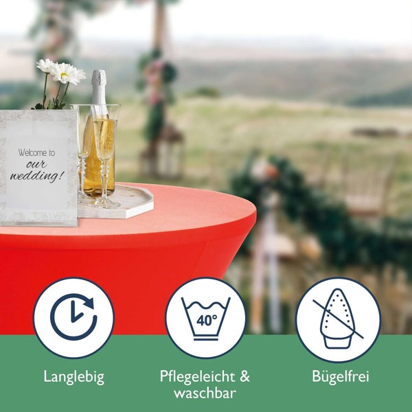 Szene mit einem rot gedeckten Stehtisch, Getränken und den Symbolen für langlebig, pflegeleicht und bügelfrei