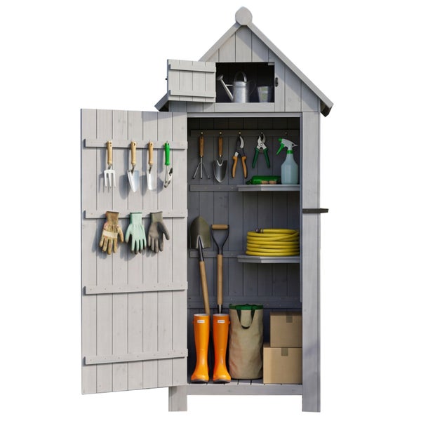Holz-Geräteschrank mit Satteldach und geöffneter Tür, bestückt mit Gartenwerkzeugen, Handschuhen und Gummistiefeln.