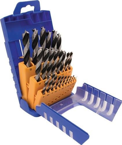 Bohrer-Set in geöffnetem, blauem Kunststoffkoffer mit orangefarbenem Einsatz