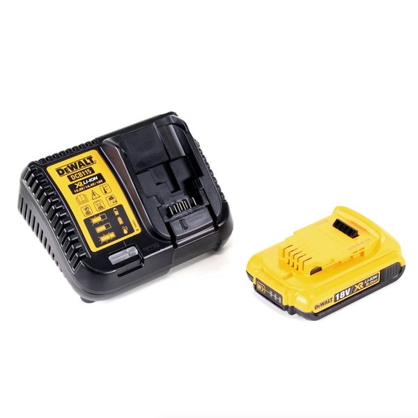DeWalt Schnellladegerät DCB115 und DeWalt Lithium-Ionen-Akku mit 18 Volt und 2,0 Amperestunden.