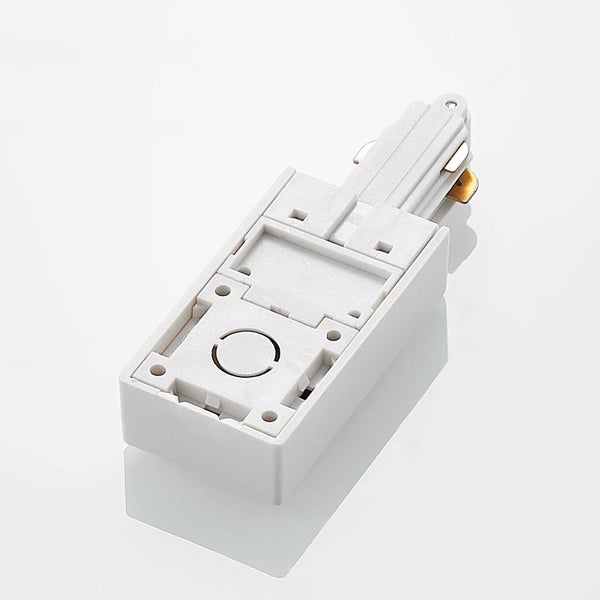 Einspeiser für Stromschienensystem aus weißem Kunststoff mit Metallkontakten.