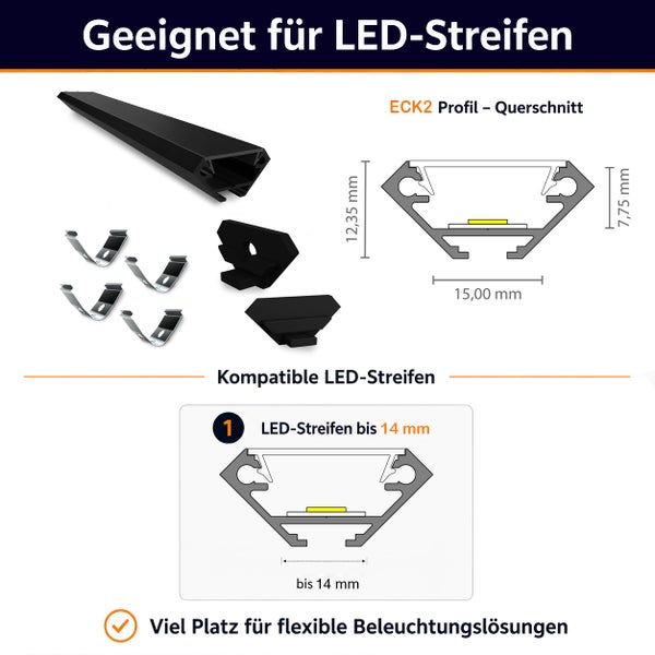 Eckprofil fuer LED Streifen mit Montagezubehoer und Massangaben fuer LED Streifen bis 14 Millimeter Breite