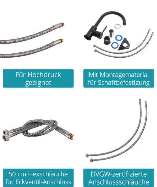 Schwarze Küchenarmatur mit Montagematerial und zwei 50 Zentimeter langen DVGW-zertifizierten Flexschläuchen für Hochdruckanschluss.