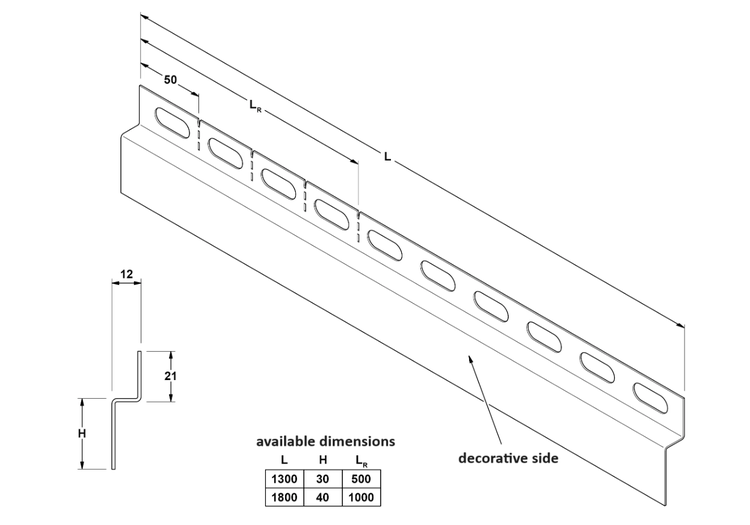 Technische Zeichnung eines Metallprofils mit Maßangaben, markierter dekorativer Seite und Tabelle der verfügbaren Abmessungen.