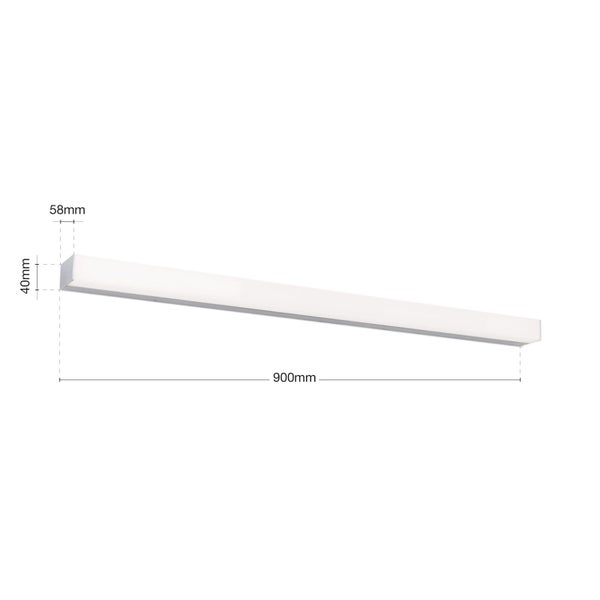 Lineare LED Wandleuchte mit 900 Millimeter Länge, 58 Millimeter Breite und 40 Millimeter Höhe.