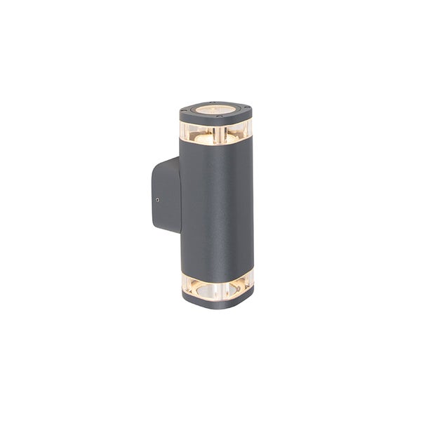 Moderne zylindrische Wandleuchte in Anthrazit mit Up-and-Down-Lichteffekt durch Glaseinsätze.