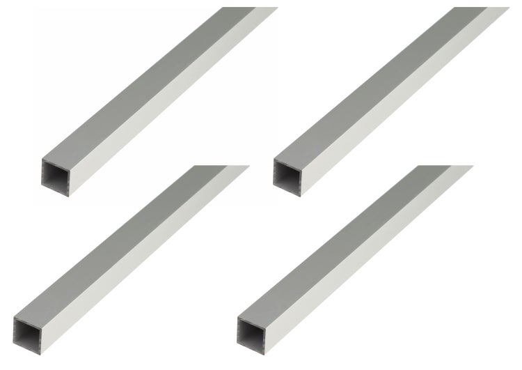 Vier quadratische Aluminiumprofile in stabiler Ausführung für vielseitige Bauvorhaben