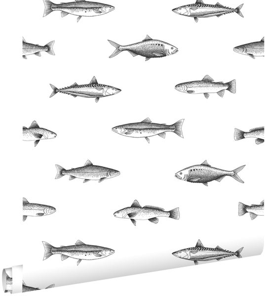 ESTAhome Tapete Federzeichnung Fisch Weiß und Schwarz - 53 cm x 10.05 m - 138967