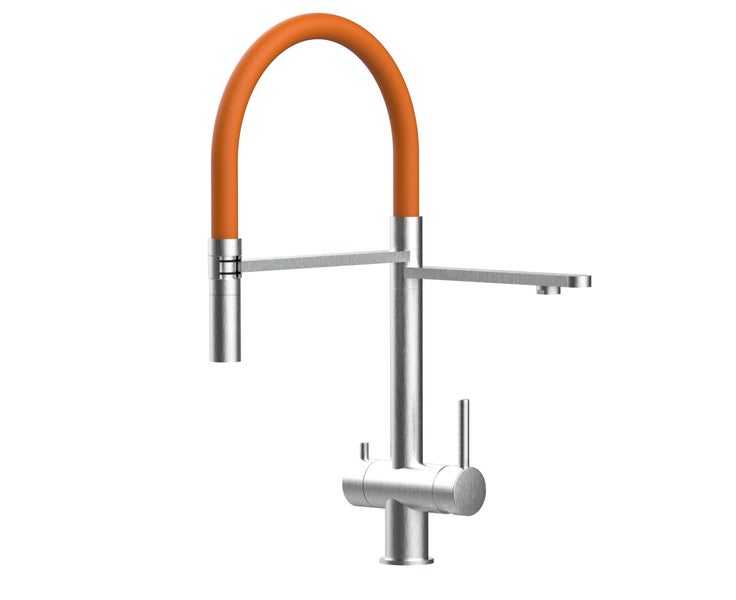 3 Wege Wasserhahn Küchenarmatur, Edelstahl Massiv mit 360° schwenkbarem Auslauf, abnehmbare 2 strahl Handbrause, Gebürstet / Orange