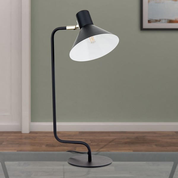 Schwarze Schreibtischlampe mit konischem Lampenschirm und Metallfuß