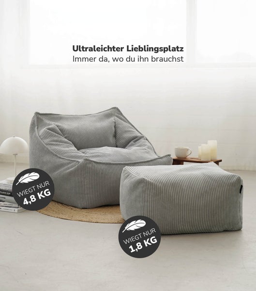 mokebo Sitzsack Sessel mit Hocker aus Cord 'Der Lümmel', XXL Sitzsack, Cord Sessel oder Sitz Sessel in Grau