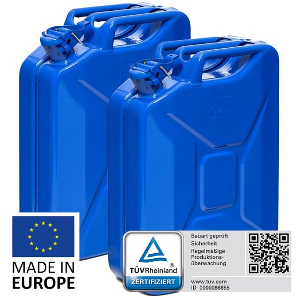 Zwei blaue 20 Liter Kraftstoffkanister mit TÜV Rheinland Zertifikat und Made in Europe Siegel