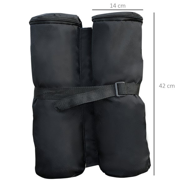 Schwarzer Standfuss-Gewichtssack für Pavillons, Doppelkammer-Design mit Reissverschluss und Gurtband, Masse 42 Zentimeter Höhe, 14 Zentimeter Breite.
