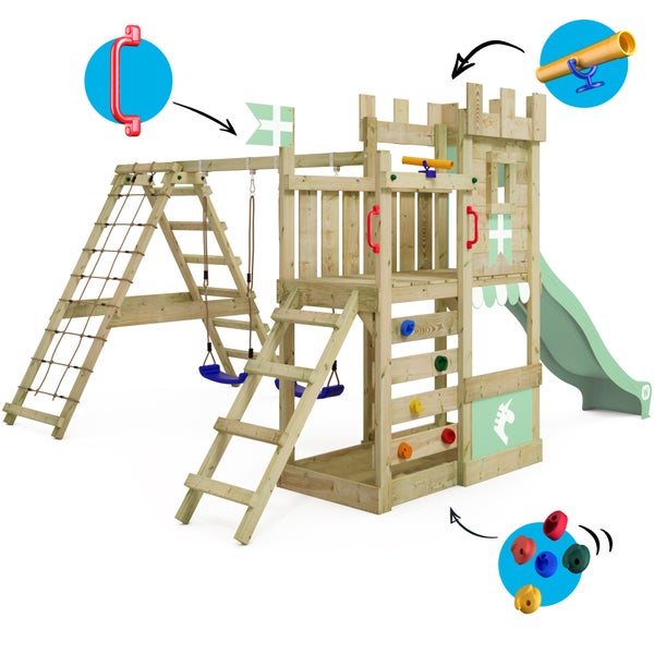 WICKEY Spielturm Ritterburg DragonFlyer mit Schaukel und Rutsche, Spielhaus mit Sandkasten, Kletterleiter und Spiel-Zubehör – pastellgrün