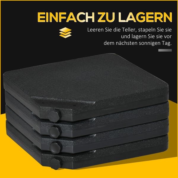 Vier stapelbare Schirmständer-Gewichte für Sonnenschirme, platzsparend zu lagern.
