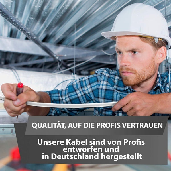 Handwerker mit Schutzhelm installiert ein Kabel. Text: Qualität, auf die Profis vertrauen. Kabel entworfen und hergestellt in Deutschland.