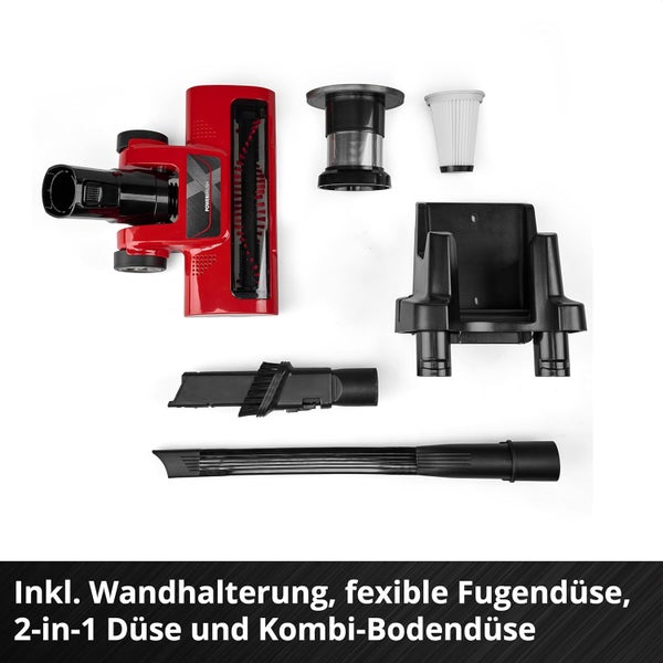 Staubsauger-Zubehörset inklusive Wandhalterung, flexibler Fugendüse, 2-in-1-Düse, Kombi-Bodendüse und Filtern.