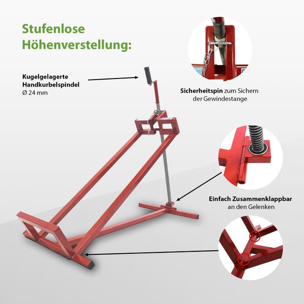 Produktdetails einer stufenlosen Höhenverstellung mit kugelgelagerter Handkurbelspindel und Sicherheitsspin zur Sicherung der Gewindestange, einfach zusammenklappbar an den Gelenken