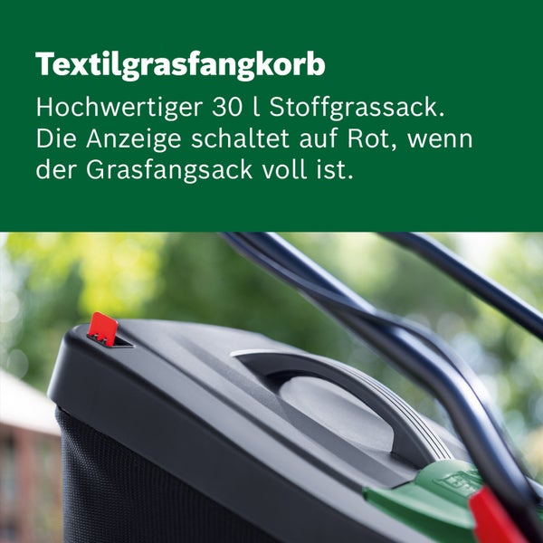 Textilgrasfangkorb mit 30 Liter Fassungsvermögen und Füllstandsanzeige.