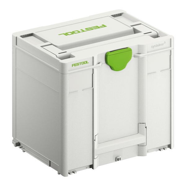 Festool Systainer 3 Werkzeugkoffer aus Kunststoff mit Tragegriff und grünem Verschluss.