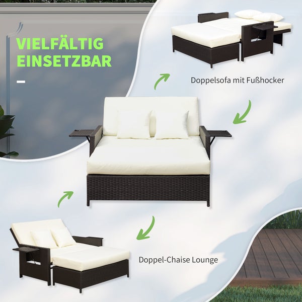 Outsunny Polyrattan Lounge-Sofa Zweisitzer-Gartensofa mit Liegefunktion, Gartenliege in Rattanoptik, ausfahrbare Fußbank mit Stauraum, mit Sitzkissen, Braun+Creme, 130 x 72 x 96 cm