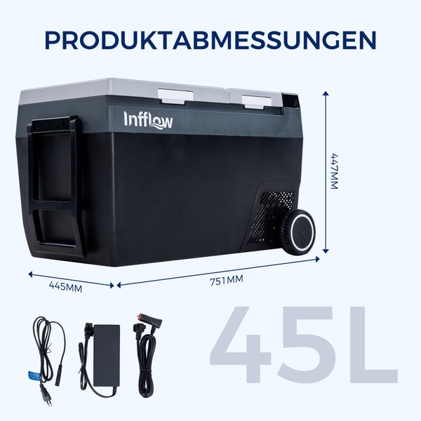 Tragbare Kompressor-Kühlbox von Infflow mit 45 Liter Inhalt. Abmessungen: 751 Millimeter Länge, 445 Millimeter Breite und 447 Millimeter Höhe.