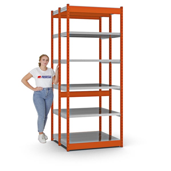 PROREGAL Fachbodenregal Stecksystem Vierkant-Profil Grundregal HxBxT 250 x 102,5 x 40 cm 2x6 Ebenen Doppelseitige Bauart Fachlast 200 kg Orange