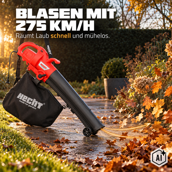 Elektrischer Laubbläser und Laubsauger mit 275 Kilometer pro Stunde Blasgeschwindigkeit für die Gartenpflege von Hecht.
