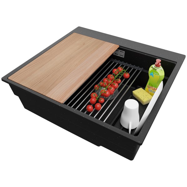 PRIMAGRAN Spülbecken Schwarz Metallic 58x53cm, Granitspüle 1 Becken + Ablauf-Set + Küchenzubehörset, Küchenspüle ab 60er Unterschrank - Oslo Max