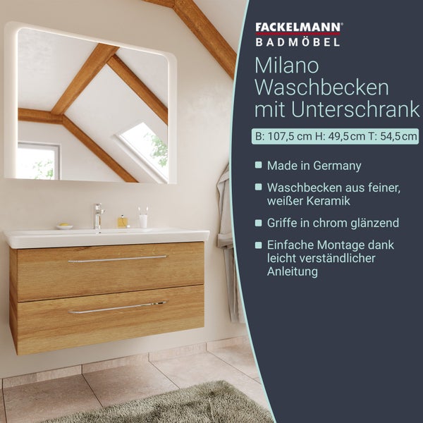 FACKELMANN MILANO Badmöbel Set 2 Teile – Waschtisch mit Unterschrank fürs Badezimmer – Waschbeckenunterschrank mit Schubladen in Holz braun – Badschrank hängend – 100 cm breit
