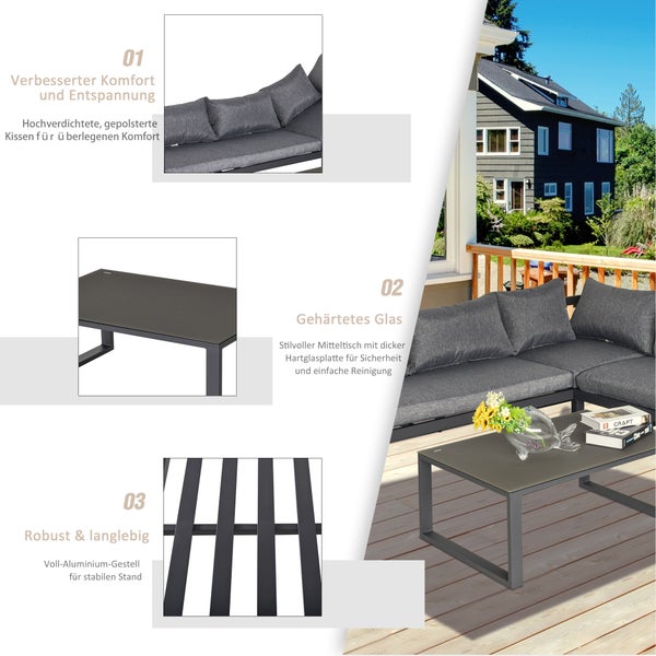 Outsunny 3-tlg. Gartengarnitur Gartenmöbel-Set 4-stufig verstellbar Gartenliege Gartenset Sitzgruppe mit Beistelltisch Sofa mit Kissen Outdoor Aluminium Grau