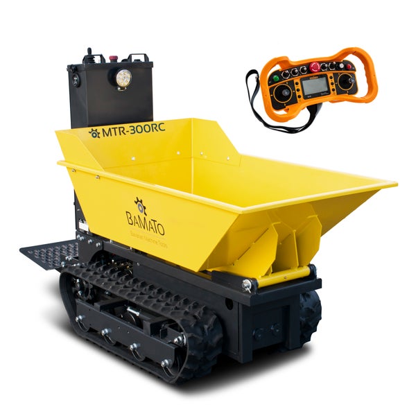 Gelb-schwarzer Bamato Mini-Raupendumper MTR-300RC mit Kettenantrieb und Fernsteuerung.