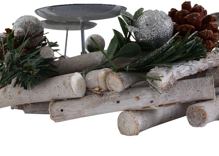 Weihnachtsdekoration Adventskranz mit Kerzenhaltern aus Holz, Tannenzapfen und Kugeln