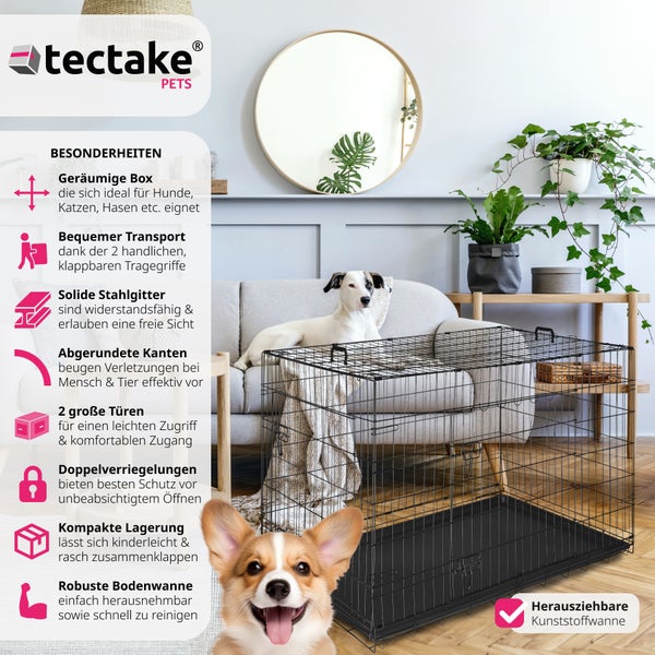 Geräumige Hundebox aus Stahl mit Kunststoffwanne von tectake im Wohnzimmer.