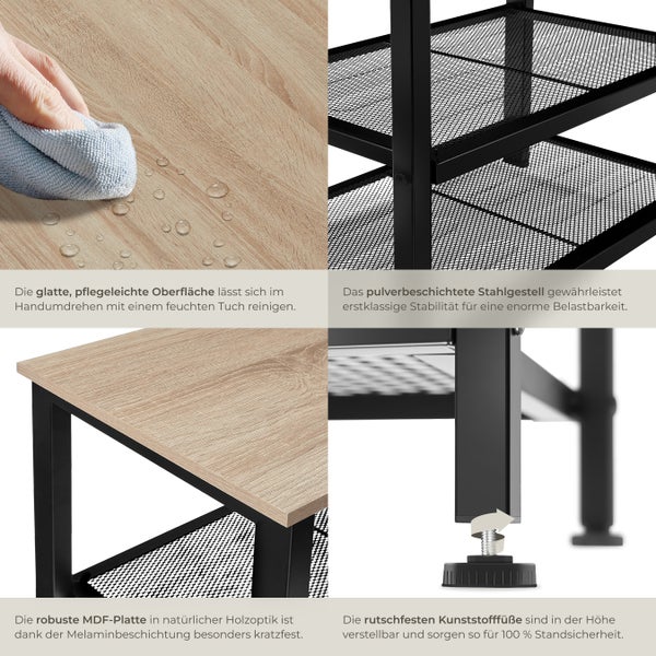 Detailansicht eines Regals mit MDF-Platte und Stahlgestell