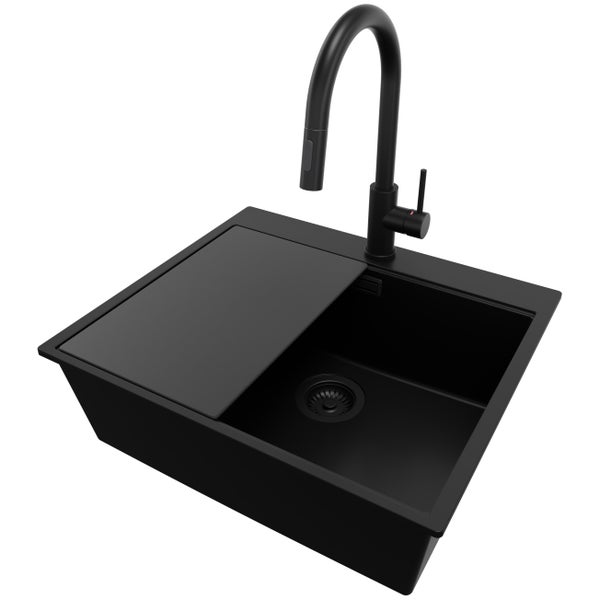 Schwarze Küchenspüle mit Abtropffläche und Wasserhahn