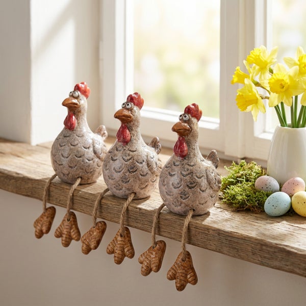 Drei Deko Hühner Figuren aus Keramik mit baumelnden Beinen als Osterdekoration auf einem Holzbrett vor einem Fenster.