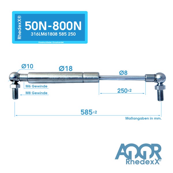 Gasdruckfeder von RhedexX mit 585 Millimeter Gesamtlänge, 250 Millimeter Hub, M6 und M8 Gewinde, 50 bis 800 Newton. AGOR RhedexX Logo.