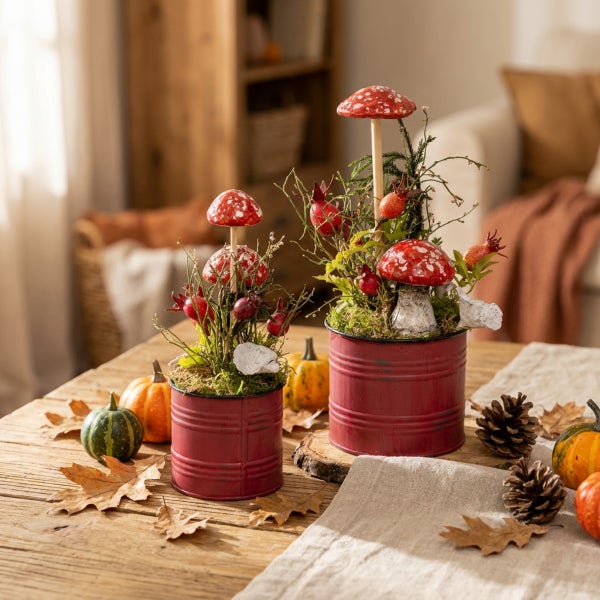 Herbstliche Tischdekoration mit zwei Pflanzkübeln, künstlichen Fliegenpilzen, Zapfen, Kürbissen und Herbstlaub auf einem Holztisch.