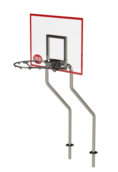 Basketballkorb mit transparenter Rückwand und Edelstahlpfosten für die Poolmontage.