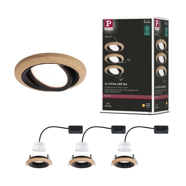 LED Einbauleuchte Lanati 3er-Set rund 84mm 30° Coin 3x6W 3x470lm 230V 2700K Farbton Eiche geölt, Schwarz matt