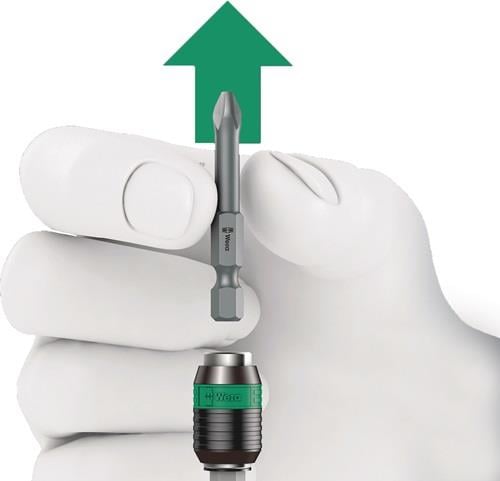 Wera Logo, Schraubbit und Hand mit grünem Pfeil