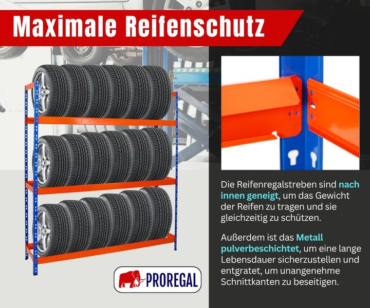 Reifenregal aus Metall mit drei Ebenen, nach innen geneigte Streben zur Gewichtsaufnahme, pulverbeschichtet. Proregal Logo.